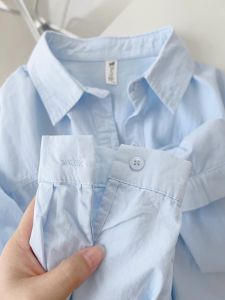 Dopamine Light Blue Pure Cotton Womens Shirt Summer Thin Loose Long Sleeve Sun Protection Open Cardigan Casual Style Spring 2025