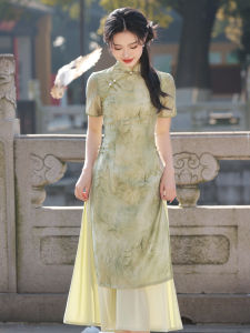 Young Girl Green Cheongsam Dress Chinese Style Reformed 2025 New Fashion Retro Wind Tea Ceremony Clothing Breathable Short Sleeve