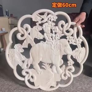 2025Tibetan Solid Wood Decal Circular Decoration Elephant monkey Shaped Relief Rubber Wood Flower Piece