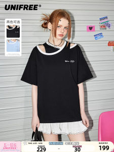 Unfree Irregular Neck Short Sleeve T-Shirt Women Unique Design Loose Fit Summer Versatile Top Sweet Cool Style Pure Color Polyester Fiber