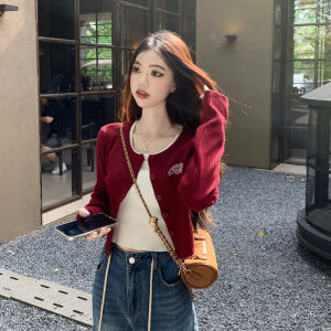 Retro American Wine Red Knitted Open Cardigan Women's Long Sleeve Sweater Jacket Tight Inner Short Top Spring Autumn