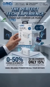 OANG PD65W GaN Fast Charger | 3-Port (Dual USB-C + USB-A) | UK 3-Pin Adapter for Laptops Smartphones & Tablets