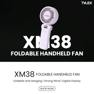 Tylex XM38 Foldable Handheld Foldable Fan 4000mAh with neck lace and HD Digital Display