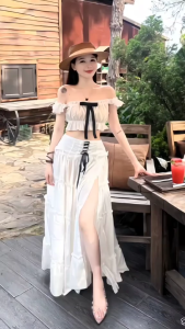 Set tiểu thư xinh set nàng thơ mặc hè áo trễ vai đính nơ Voan tơ bo chun có mút kèm chân váy dài xẻ tà cột dây nơ dễ thương