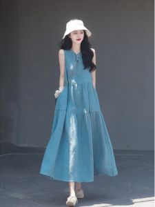 Zimo Qinghe ~ Mori Style Linen Vest Long Skirt Womens K-style Sleeveless Cake Dress Fairy Swing Cotton and Linen Dress