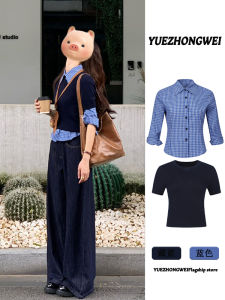 ชุดเสื้อเชิ้ตลายสก็อตสไตล์เกาหลี ชุดสองชิ้น ฤดูใบไม้ร่วง 2025 ชุดนักเรียน ชุดเสื้อเชิ้ตแขนยาว ชุดทำงาน