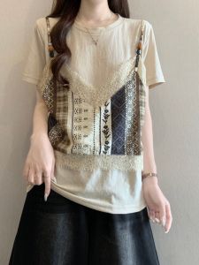 Vintage Print Loose T-Shirt for Large Sizes Fashionable Faux Two-Piece