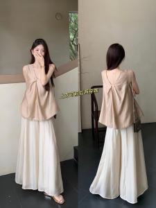 Double-Sided Wear V-Neck Sleeveless High Waist Wide Leg Pants Womens Summer Casual Two-Piece Set Fashionable Top Bottom Ensemble