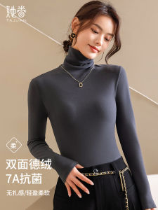 Áo Thun Nữ Cổ Bồng Dày Lót Lông Cừu Dài Tay Ôm Vừa Vặn Màu Trơn Đa Năng Thời Trang Thu Đông Thường Ngày