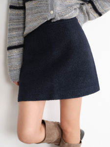 Retro Dark Blue Wool Skirt A-line Short