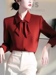 Retro Hong Kong Style Long Sleeve Polo Collar Shirt Womens New Years Inner Wear Fashionable Straight Cut Korean Version