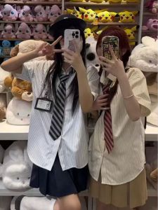 2023 New Arrival American JK Uniform University Style Stripes Shirt Womens Quick-Drying Niche Style Slim Looking Basic Style Tops Full