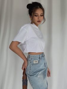 Street Style Womens T-Shirt with Ribbed Design Loose Fit Half Sleeve White Cool Girl Dance Short Top for Summer