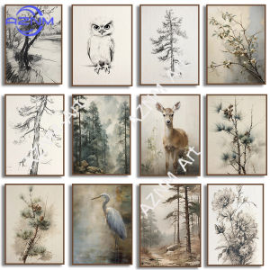 Vintage Neutral Pine Branch Deer Fox Owl Winter Botanical Forest Tree Poster Canvas Painting Rustic Nursery Wall Home Decor