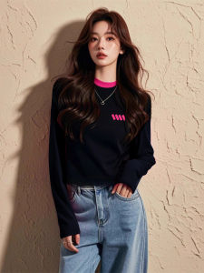 Contrast Colors with Black and Pink Fake Two-Piece Shoulder Long Sleeves T-shirt Female 2024 Early Autumn New Cold Style Unique Chic Tops
