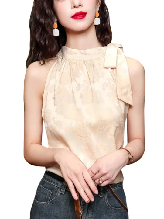 Acetate%20Satin%20Sleeveless%20Shirt%20Women's%20Fancy%20Inner%20Wear%20Shoelace%20Halterneck%20Vest%20Summer%20New%20Arrival%20off-the-Shoulder%20Small%20Top%20-%20Image%205