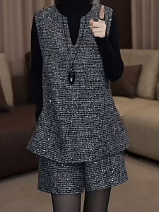 Fashionable High-End Feeling All-Over Sequin Two-Piece Set Womens Design Heavy Embellishment V-Neck Tank Top High Waist Shorts