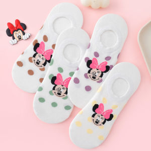 Disney | 4 Pairs of Fashionable Sweet and Cute Cartoon Minnie Pattern Invisible Socks With Polka Dot Print for Womens Anti Slip Socks