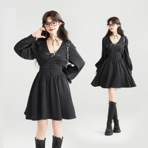 Đầm Đen Sâu V Keiko Thu Đông Mới Đầm Ngắn Xếp Ly Eo Cao Thanh Lịch Đầm Chữ a Dài Tay Mùa Xuân Thu Đông