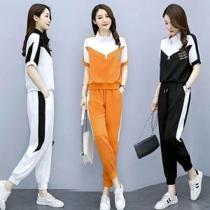 【t-shirts+jogger pants】women sports suits short sleeve filipinina modern patchwork two pieces sets ladies korean style casual terno