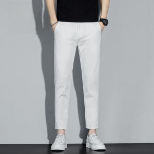 ROMON | Romon Mens Pure Cotton Casual Pants Summer Thin Business Slim Straight Leg Small West Pants White Nine-Point Long Pants