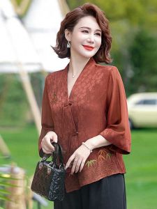 New Chinese Style Mom Summer Outfit Womens Large Size Satin Shirt Two-Piece Set V-Neck Button-Up Loose Fit Eighteen Pants