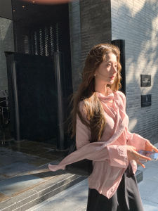 Aboutpoem Womens Shirt with Sash Waist-Cinching Craft Summer Poem Long Sleeve Casual Style Fiber Viscose And Nylon