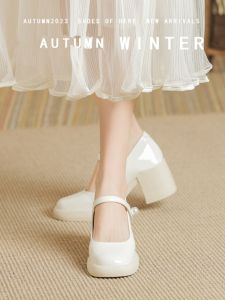 French Thick Heel White Sandals Womens Summer Fashion Versatile Mary Jane High Heels Gentle Leather Shoes Single Shoes