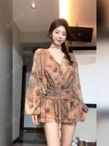 Plus Size Ladies Retro Blooming Floral Chiffon V-neck Dress Womens Summer Fancy Elegant Vacation Style Pleated Skirt