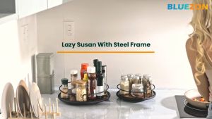 Kệ xoay BLUEZON để gia vị bàn xoay gỗ khung thép để đồ dùng nhà bếp