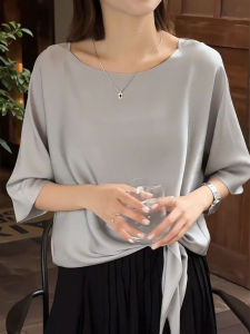 YUFUQING | Elegant Grey French Style Sleeve T-Shirt Womens Loose Fit Summer New High Waist Design Polyester Fiber Round Neck Top