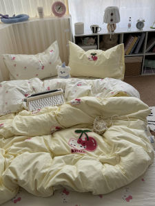 Adorable Cherry Cat Towel Washed Cotton Three-Piece Bedding Set Soft Pure Cotton Dormitory Bed Sheet Four-Piece Set for Students