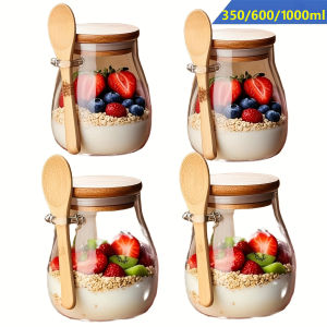 Bộ Cốc Thủy Tinh 350ml Kèm Nắp Và Thìa Hộp Đựng Bột Yến Mạch Qua Đêm Thân Thiện Với Môi Trường Bát Salad Lọ Đựng Thức Ăn Để Bảo Quản