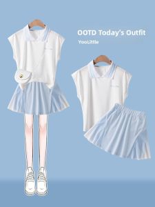 Girls Summer Ice Silk Quick Dry Tennis Sportswear Dress High Waist A-Line Skirt Short Sleeve Childrens Fashion Clothing