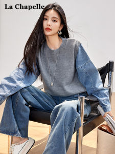 La Chapelle Design Sense Denim Patchwork Knitwear Womens Casual Versatile Spring Autumn New Fashion Top Ladies Sweater