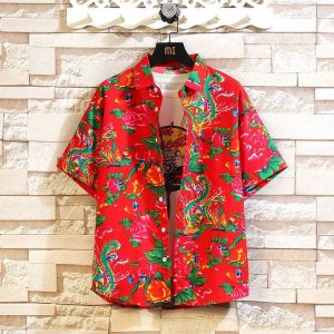 Mens Red Northeast Big Flower Printed Shirt Summer Clothing Colorful Shirt Summer Ethnic Style Ice Silk Short Sleeve Mens Clothing