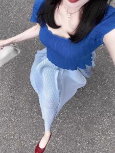 Blue Knitted Short Sleeve T-Shirt Womens Summer New Style Slimming Square Collar Commute Korean Version Cool Feeling Thin Model