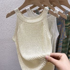 American Style Hollow out Knitted Strap Vest Women Summer Design Sensual Sleeveless Ice Silk Spicy Top Neck Hanging