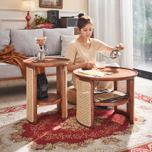 Scandinavian Retro round Coffee Table Small Apartment Living Room Double-Layer Low Table Silent Wind Log Classy Artistic Sense Rattan Woven round Tea Table