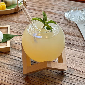 Cocktail Glass Cup With Wood Stand Creative Bar Glassware Drink Cup Ronud Ball Cocktail Mug Fruit Moon Juice Tumbler