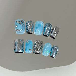 10pcs Handmade Press on Nails Y2k Liquid Metal Design Fake Nails for Women Girl Wearable Blue Ocean Short Coffin False Nails