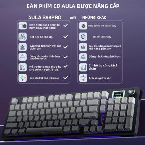 Bàn Phím Cơ Chơi Game Không Dây AULA S98pro RGB Hot-Swap Esports 3 Chế Độ TFT Núm Xoay Đa Chức Năng 97 Phím Nhựa PBT