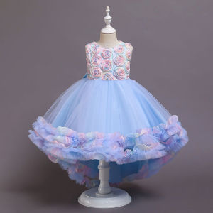 Elegant Childrens Dress Pink Gown Tailcoat Dress Girls High-end Host Short Front Long Back Performance Outfit Princess Style Polyester Cotton Blend