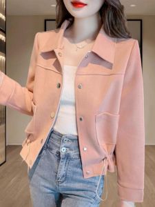 เสื้อแจ็คเก็ตสั้นผู้หญิงแขนยาวสไตล์ชิมูเตะสีพื้น ทรงหลวม ปกตั้ง เสื้อคลุมกันหนาวแบบสวมหัว ผ้าฝ้ายผสมโพลีเอสเตอร์