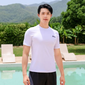 XTEP Mens Sport Short Sleeve Top Comfortable Large Size Summer Training Quick Dry White Swimwear Ideal for Vacation