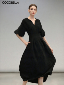 COCOBELLA | Elegant Minimalist Black Waist-Cinching Long Dress Short Sleeve