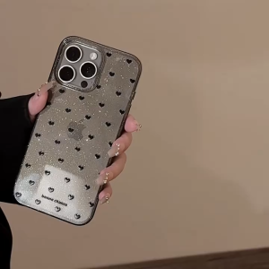 ฟิล์มใสสีดำเต็มหน้าจอ หัวใจสีชมพูกระพริบ สำหรับ iPhone 11 12 13 14 15 16 Pro Max Plus เคส TPU นุ่มสำหรับ iPhone 13