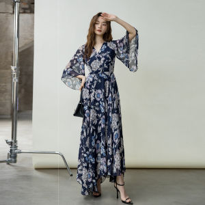 Floral Print Chiffon Long Dress Draped Silken Thin Summer Dress Breathable Comfortable Spring Autumn Season Maxi Gown Vestiaire