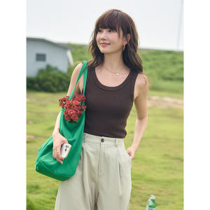 Slim Fit Knitted Vest Womens Outerwear Chocolate Color Threaded Ribbed Sleeveless Small Strap Top Commute Style Pure Color