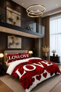 3Pcs Romantic Love Letter Red Rose Flower Pattern Bedding Set Included 1 Duvet Cover & 2 Pillowcases For Home Dorm Hotel Decor